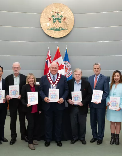 Mayor Frank Scarpitti and members of Markham Council on October 28, 2024. (from left to right: Ward 1 Councillor Keith Irish; Ward 2 Councillor Ritch Lau; Ward 3 Councillor Reid McAlpine; Ward 4 Councillor Karen Rea; Mayor Frank Scarpitti; Regional Councillor Jim Jones; Ward 5 Councillor Andrew Keyes; Ward 6 Councillor Amanda Yeung Collucci; Ward 7 Councillor Juanita Nathan; Ward 8 Councillor Isa Lee)