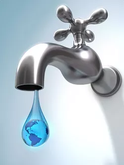 a water droplet with a globe in it is dripping from a faucet