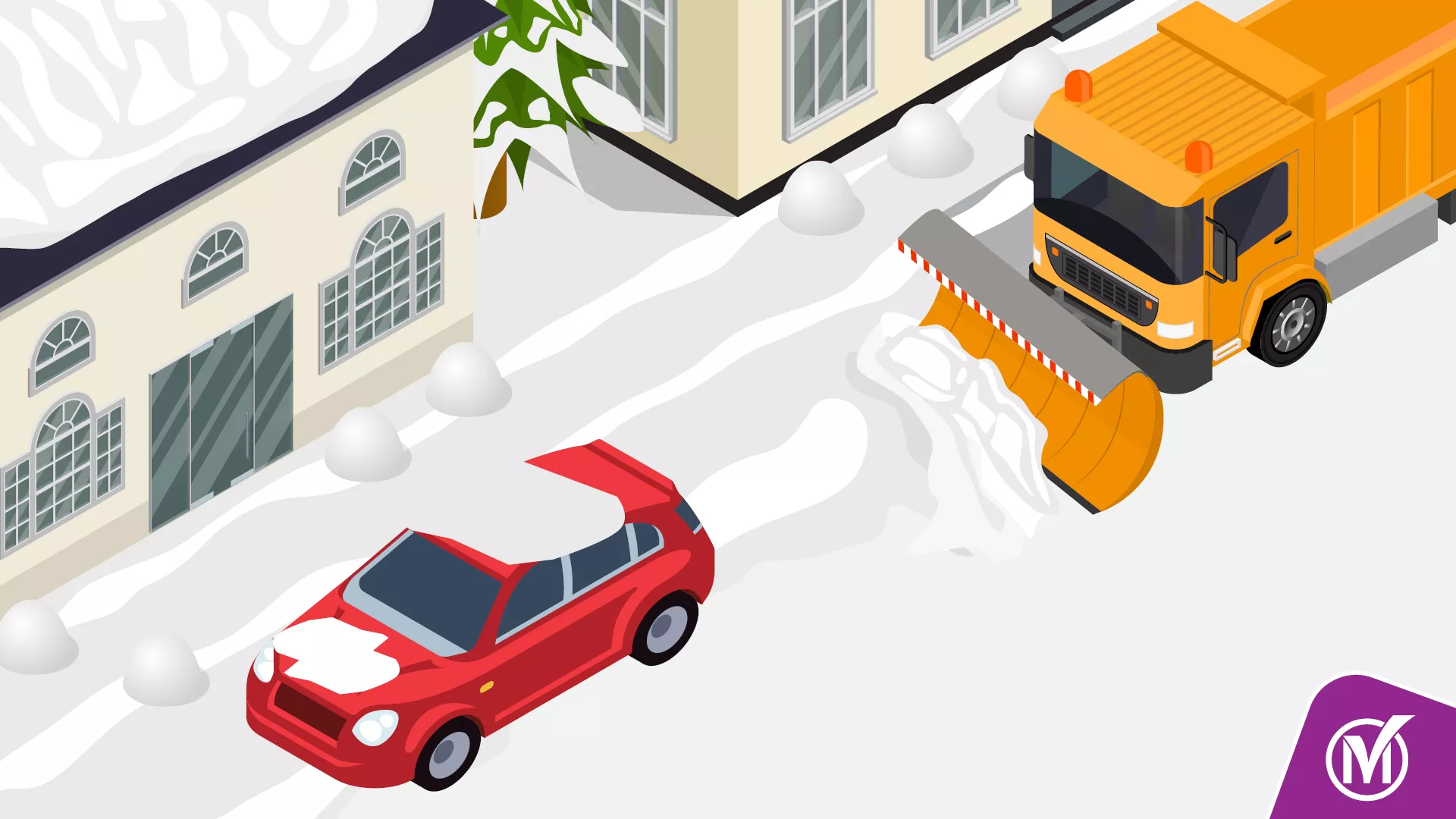 Illustration of a snow plow on snow covered neighbourhood roads. 