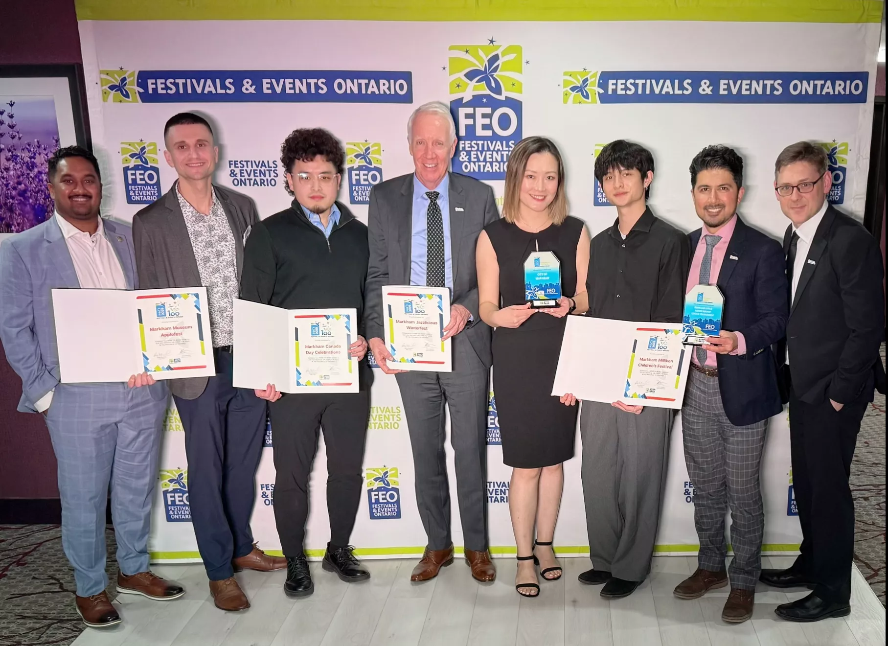 Austin Khan, Vance Kornobis, Julian Harjono, Andrew Baldwin, Renee Zhang, Koby Yung, Nizar Moosa and Randy Snape at the FEO Awards Gala in Kitchener, Ontario on February 26, 2025.