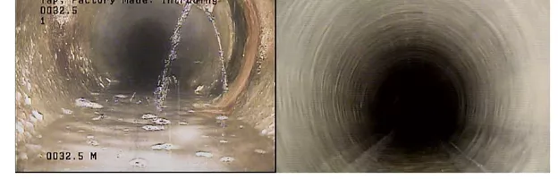 Photo from inside a pipe before and after repair