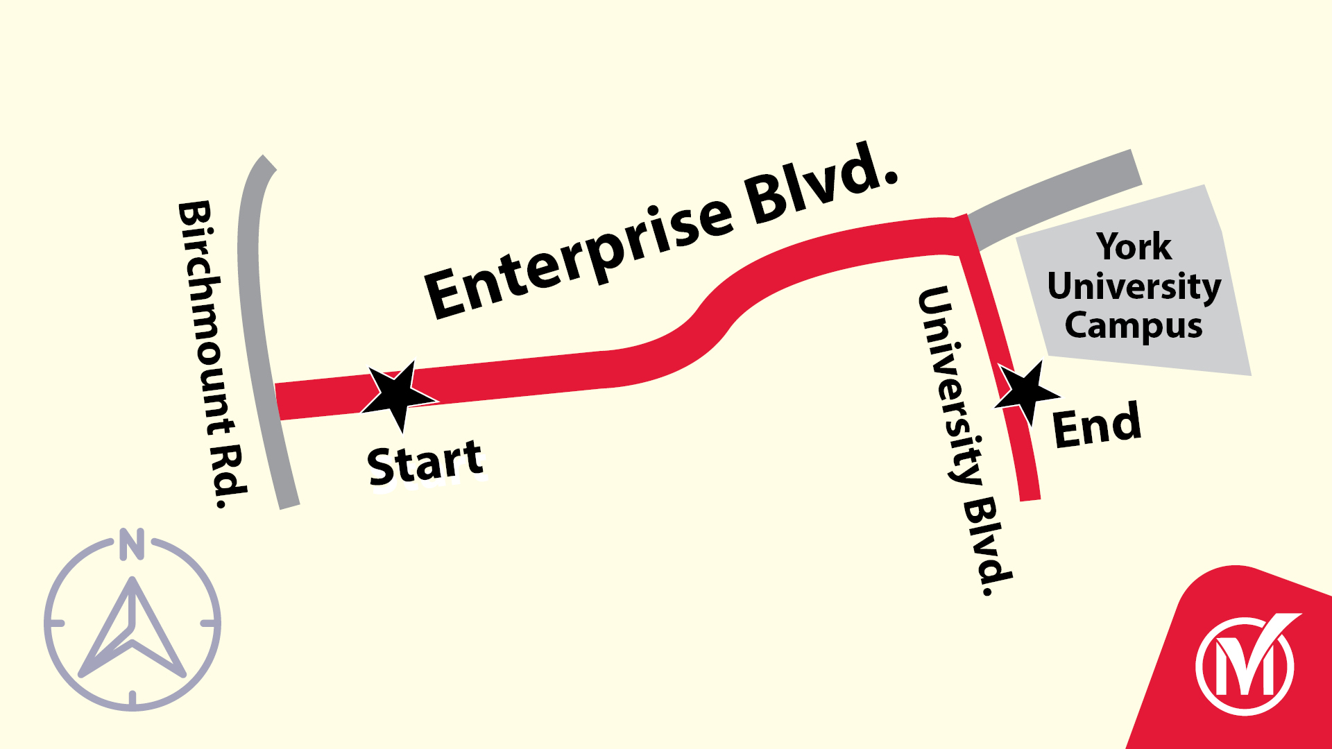 Map showing Parade Route through Markham Centre. Start at intersection of Birchmount Road and Enterprise boulevard.